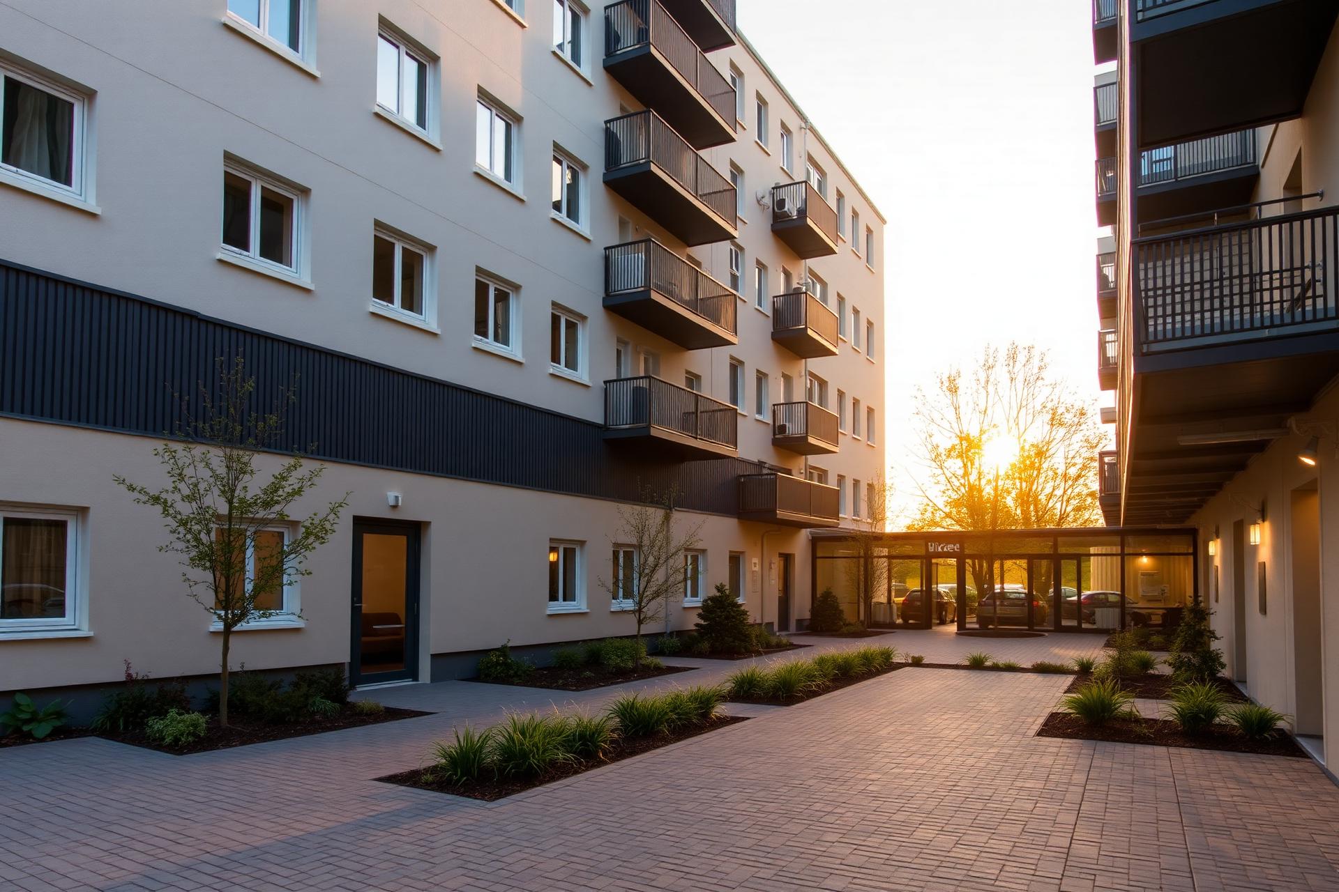 Välskött bostadsfastighet i kvällsljus